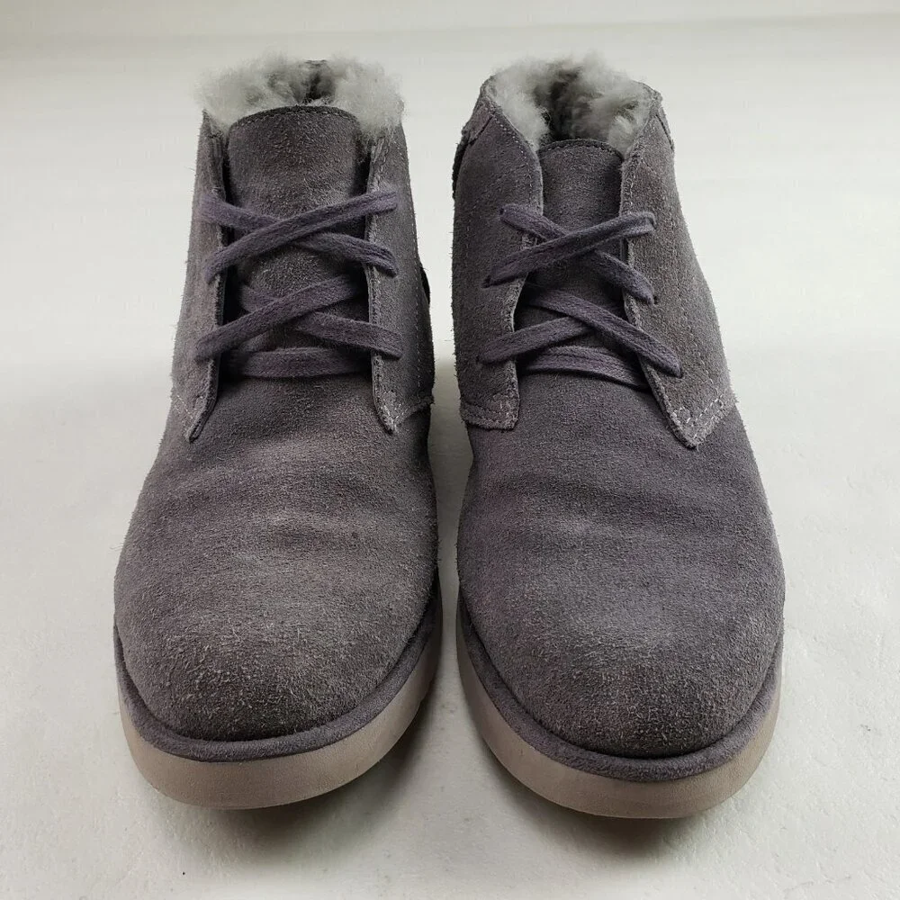 Ugg Koolaburra Suede Ankle Boot Women 8 Gray Faux Fur Lined Lace Up Chukka Wedge